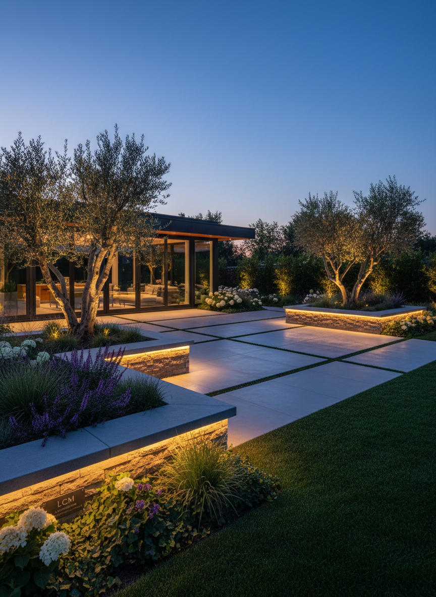 A dramatic, twilight photographic scene of a modern backyard featuring refined hardscape and landscape lighting. A rectangular patio of smooth, large-format concrete pavers extends from a home, bordered by low stone walls embedded with subtle warm LED strip lights that cast a gentle glow onto the textured stone. Uplighting at the base of sculptural trees and carefully placed spotlights on layered planting beds create pools of light on foliage and flower clusters. The surrounding lawn is deep green and neatly cut, fading into soft darkness. The sky holds the last hint of blue hour, adding depth. Shot from a slightly raised corner angle, the image captures the entire outdoor room with sharp clarity. The atmosphere is sophisticated, welcoming, and secure, highlighting LCM Landscaping’s expertise in integrated hardscape and landscape design.
