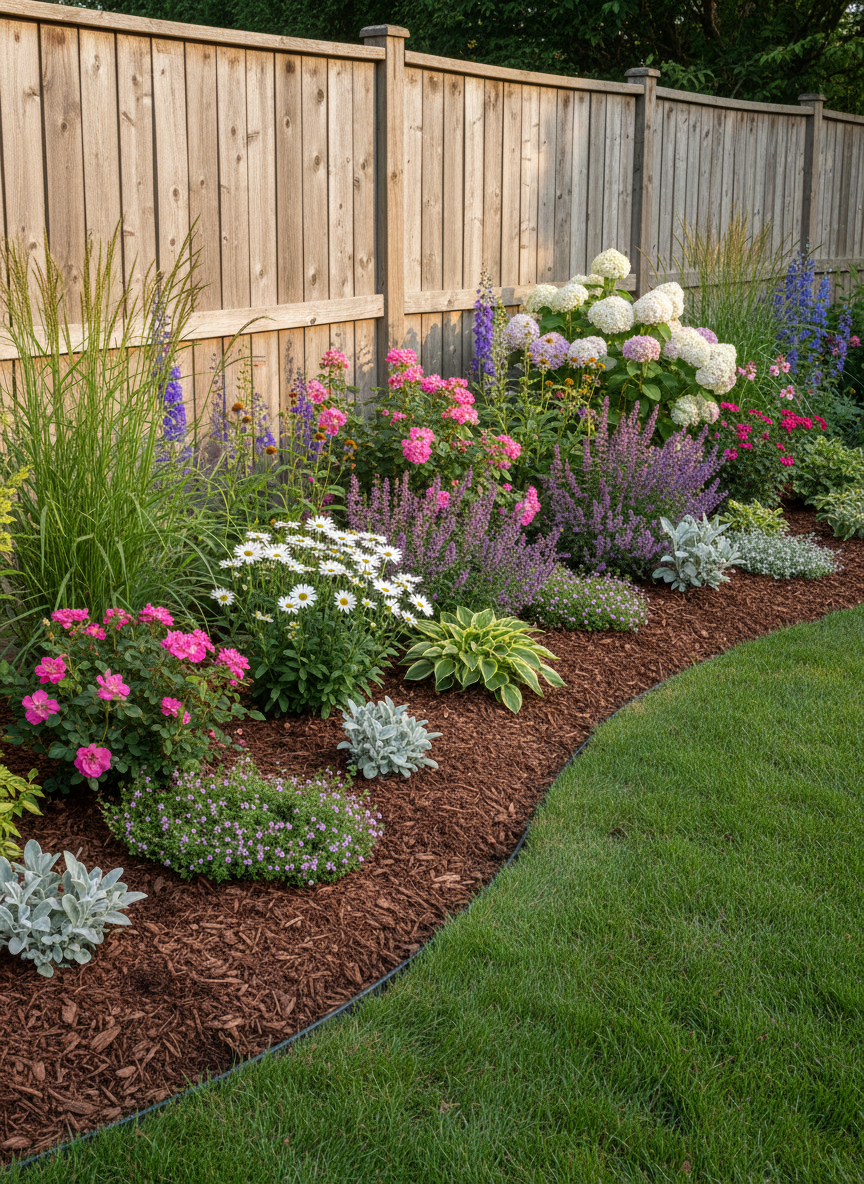 A lush, expertly designed backyard garden bed stretching along a wooden privacy fence, filled with a diverse mix of plants arranged in tiers: tall ornamental grasses and flowering shrubs at the back, medium-height perennials in pinks, whites, and purples in the middle, and low-growing groundcovers at the border. The soil is covered with fresh, evenly spread dark brown mulch, with clean, precise edges defining the bed from the neatly cut lawn. Early morning natural light filters in from the side, creating a soft, serene glow and delicate shadows behind the plants. The composition follows the rule of thirds, shot at eye level with sharp focus throughout to highlight textures of leaves, flowers, and bark. The atmosphere is serene and meticulously cared for, conveying professional gardening and planting services.